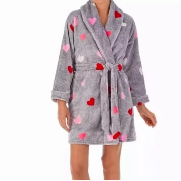 Kate Spade NY Womens XS/S Plush Hearts Gray Soft Short Robe - Picture 5 of 5